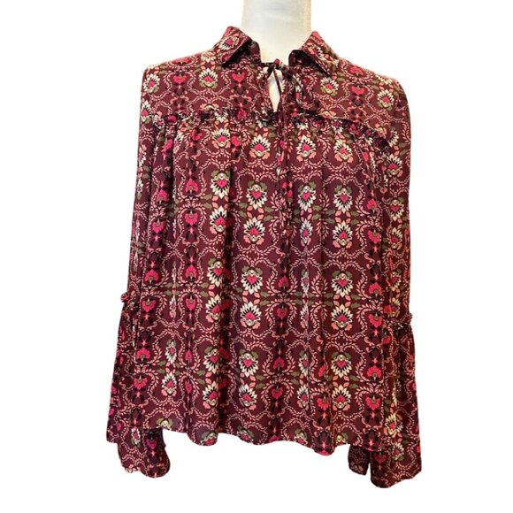 GB Floral Print Long Sleeve Blouse‎ Size Large With Tie Neck & Ruffled Cuffs - Picture 3 of 8